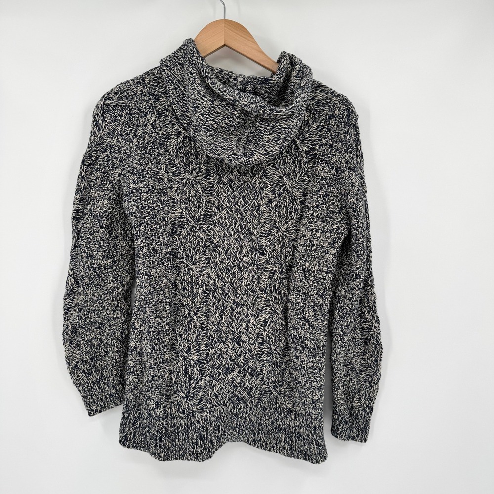 LL Bean Signature Navy Marled Cable Knit Zip Hoodie Sweater Cardigan Women's M - Picture 6 of 14